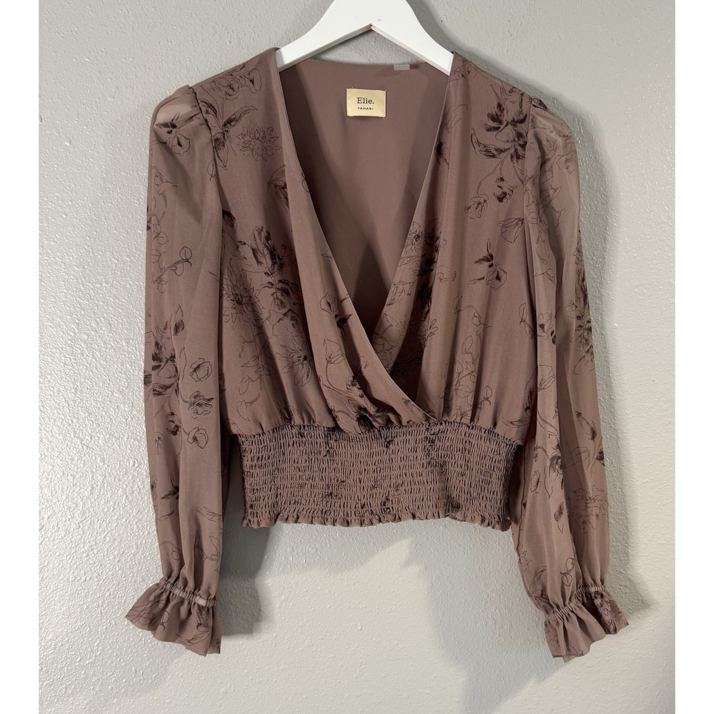 Elie Tahari Smocked Floral Blouse Topper Ruffle Cuff Mauve Brown Small Boho